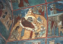 Detail vnitřní výzdoby - obraz narození Krista. V levém dolním rohu sedí sv. Josef před stájí a ďábel ho uvádí v pochybnosti o božském původu dítěte.