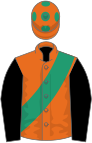 Orange, emerald green sash and spots on cap, black sleeves