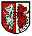Gemeinde Konradshofen Gespalten von Rot und Silber mit zwei abgewendeten Löwenköpfen in verwechselten Farben.