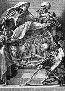 Death, symbolism; three skeletons with roundel of corpses, Wellcome L0000680.jpg