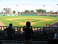 Field from grandstand behind home plate in July 2009