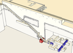 Détails des infrastructures de la tombe sud (en bleu, les chambres ; en rouge, le caveau).