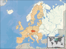 Lokasi  Republik Czech  (jingga) – di Eropah  (tan & putih) – di Kesatuan Eropah  (tan)                  [Petunjuk]