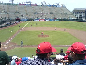 Baseball match between Diablos Rojos del México and Rieleros de Aguascalientes.