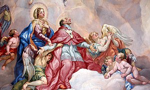 Intercession of Charles Borromeo supported by the Virgin Mary - Detail Rottmayr Fresco - Karlskirche - Vienna.JPG