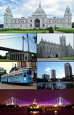 Clockwise from top: Victoria Memorial، St. Paul's Cathedral، central business district, Howrah Bridge، city tram line, Vidyasagar Bridge