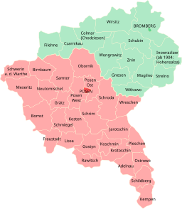 Karta över provinsen Posen och dess indelning i regeringsområdena Posen (rosa) och Bromberg (grönt).
