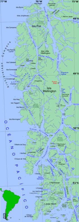 La côte sud du Chili et l'archipel de Patagonie. L'île Farrel se trouve dans le quart inférieur,au nord-ouest de l'île Hanovre (Hannover),entre les 50e et 51e parallèles sudet entre les 74e et 75e méridiens ouest