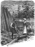 Tømmerhogger og hulder med hale bak. Tegning fra svensk eventyrsamling utgitt 1882. Den kvinnelige huldra kalles i sydsvensk folketro Skogsrået.