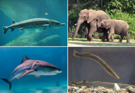 Сверху: американский атлантический осётр (костные рыбы), саванный слон (четвероногие); Снизу: тигровая акула (хрящевые рыбы), речная минога (бесчелюстные).