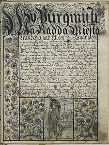 Tzv. vidimus cechovních artikulí s vyobrazením sv. Václava, patrona cechu, z roku 1561.