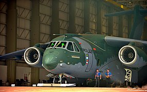 A KC-390 military transport aircraft, developed by Brazilian company Embraer.