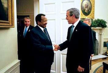 On the eve of the war in Iraq, President Bush meets with President Paul Biya of Cameroon for a bilateral meeting, March 20, 2003. The President congratulated President Biya on Cameroon’s successful record of reform, and encouraged him to continue to tackle sensitive issues, such as governance and privatization. President Bush praised Biya for his leadership to resolve the Bakassi dispute peacefully. President Biya has been supportive of U.S. effort to combat international terrorism.