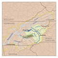 Mapa del río French Broad —una de las fuentes del río Tennessee (afluente del Ohio que, a su vez, es afluente del Misisipi)— que fluye por el oeste del estado