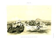 Pohľad cez ruiny Labyrintu na pyramídu (Lepsius, polovica 19. storočia)