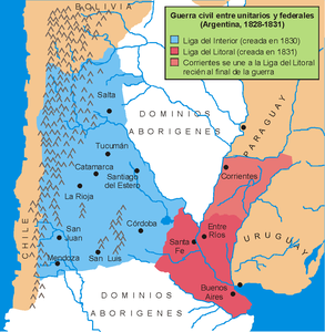 La Lliga de l'Interior (o Unitària) (blau) i la Lliga del Litoral (vermell), 1831