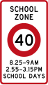 (R1-6.1) 40 km/h school zone speed limit in effect during times specified (199?-2016)