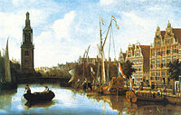 Singel in Amsterdam with the Jan Roodenpoortstoren label QS:Len,"Singel in Amsterdam with the Jan Roodenpoortstoren" label QS:Lnl,"Het Singel te Amsterdam met de Jan Roodenpoortstoren" 1684. oil on canvas medium QS:P186,Q296955;P186,Q12321255,P518,Q861259 . 65 × 82 cm (25.5 × 32.2 in). Paris, Palais Galliéra (21 March 1977).