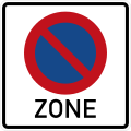 quadratisches Schild mit weißem Grund, darauf das Schild für eingeschränktes Halteverbot, darunter in schwarzer Schrift "ZONE"