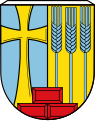 Gemeinde Margertshausen Gespalten von Blau und Gold; vorne ein durchgehendes goldenes Tatzenkreuz, hinten nebeneinander drei blaue Getreideähren; im Schildfuß drei, eins zu zwei gestellte rote Backsteine.