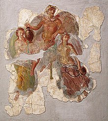 Hermes, central with the caduceus staff, flanked by two female figures