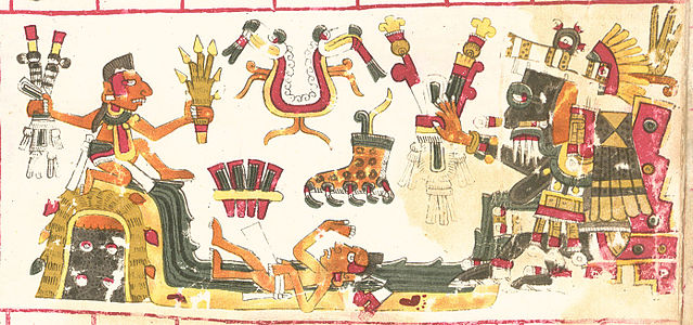 Tláloc, representando el diluvio según la Cosmogonía Náhuatl previo al Quinto Sol en el Códice Borgia.[12]​