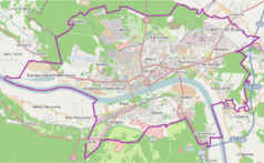 Mapa konturowa Torunia, w centrum znajduje się punkt z opisem „Kościół św. Trójcy w Toruniu”