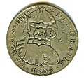 Anverso de moneda de 8 reales (plata) de Carlos IV de 1808 con resello de Zanzíbar.