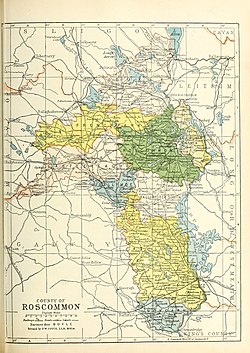 Barony map of County Roscommon, 1900; Ballintober South is coloured peach, in the centre.