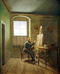 Georg Friedrich Kersting Friedrich in his studio label QS:Len,"Friedrich in his studio" label QS:Lpl,"Friedrich w swojej pracowni" 1811