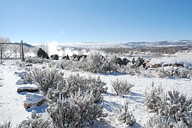 Winter view of the suspension footbridge over the Big Horn River