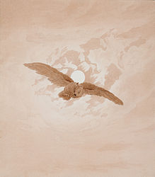 Owl Flying Against a Moonlit Sky label QS:Len,"Owl Flying Against a Moonlit Sky" 1836