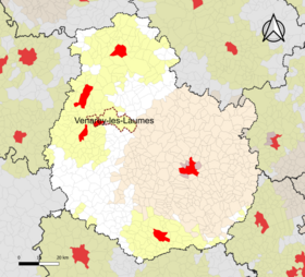 Localisation de l'aire d'attraction de Venarey-les-Laumes dans le département de la Côte-d'Or.