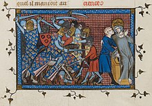 Um cavaleiro montado luta contra lacaios, enquanto um homem coroado é levado do campo de batalha