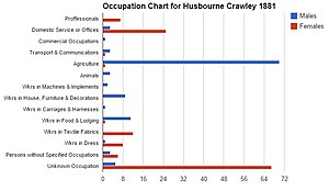 A chart showing the occupations of the population in Husbourne Crawley through genders in the year 1881, as reported by the VisionofBritain website