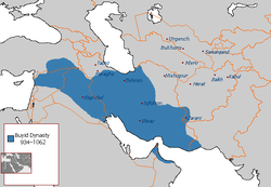 the Buyid realm at the time of Adud al-Dawla's death (Yemen not shown)