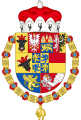 Großes Wappen Wallensteins, Herzogs von Friedland, Mecklenburg, Sagan und Glogau usw., in der Form ab 1632, mit Herzogshut und Collane des Ordens vom Goldenen Vlies