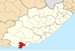 Kaart van Suid-Afrika wat Kouga in Oos-Kaap aandui