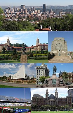 Kloksgewys van links-bo: Pretoria-stadskern, Voortrekkermonument, Kerkplein, Paleis van Justisie, Loftus Versfeld, Admingebou van die Universiteit van Pretoria en die Uniegebou.