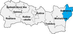 Localisation du distrct de Sobrance dans la région de Košice (carte interactive)