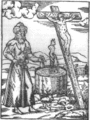 Junto a niño crucificado, judío con turbante envenena pozo de agua y provoca la peste negra en Europa. Grabado alsaciano basado en original medieval tardío.[52]​