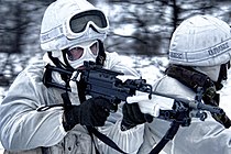 Fuzileiros Navais Reais equipados para a guerra no Ártico durante um exercício na Noruega