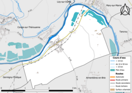 Carte en couleur présentant le réseau hydrographique de la commune