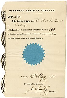 Founder's share of Clarence Railway Company, issued 23 May 1828 in Stockton