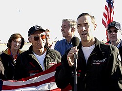 (L-R) Marion Blakey, Mike Melvill, Richard Branson, Burt Rutan, Brian Binnie, and Allen following first flight