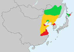 alt=Distribución Verde: Área de reproducción Amarillo: Paso migratorio Rojo: Área no reproductora