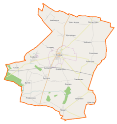 Mapa konturowa gminy Krobia, u góry znajduje się punkt z opisem „Pijanowice”