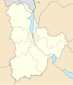 Mapa konturowa Kijowa i obwodu kijowskiego, w centrum znajduje się punkt z opisem „Obuchów”