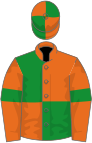 Orange and green (quartered), orange sleeves, green armlets, quartered cap