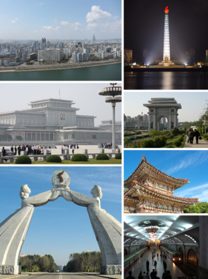 Frae tap left: Pyongyang's Skyline, Juche Touer, Kumsusan Memorial Palace, Airch o Triumph, Airch o Reunification, Tomb o Keeng Dongmyeong & Puhŭng Station, Pyongyang Metro